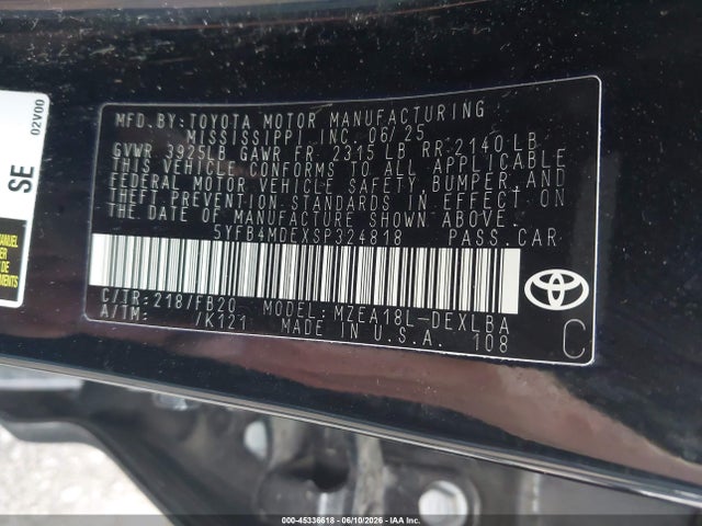 45336618 :رقم المزاد ، 5YFB4MDEXSP324818 vin ، 2025 Toyota Corolla Le مزاد بيع