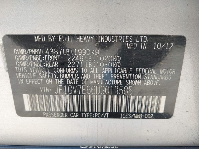 2013 Subaru Impreza Wrx მანქანა იყიდება აუქციონზე, vin: JF1GV7E66DG013585, აუქციონის ნომერი: 45336629