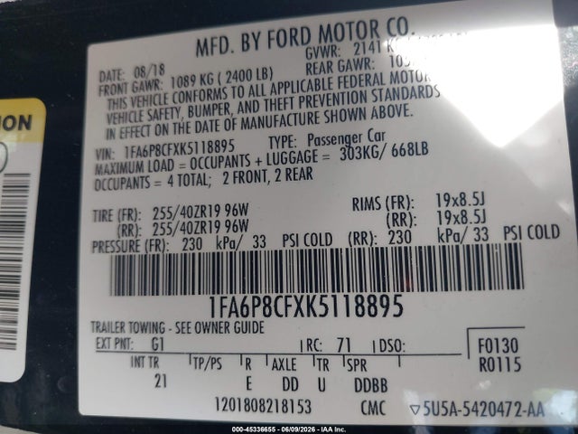 Ford MUSTANG GT 2019 1FA6P8CFXK5118895 Image 9