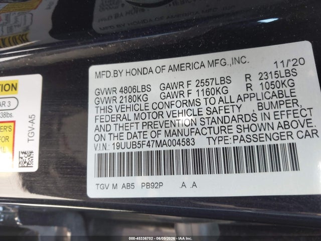 Aukcja sprzedaży 2021 Acura Tlx Technology Package, vin: 19UUB5F47MA004583, numer aukcji: 45336702