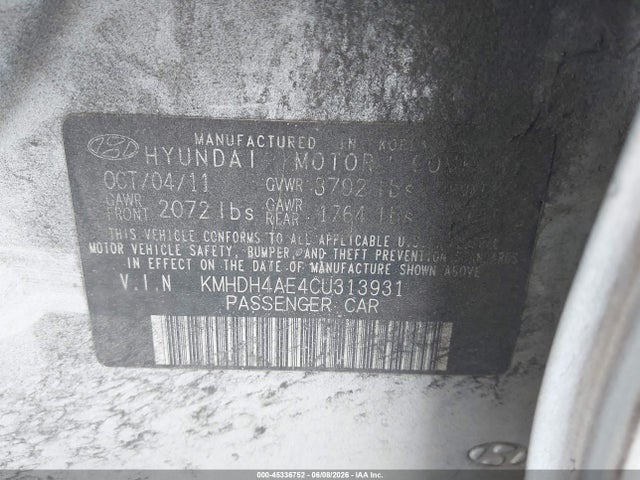 45336752 :رقم المزاد ، KMHDH4AE4CU313931 vin ، 2012 Hyundai Elantra Limited (ulsan Plant) مزاد بيع