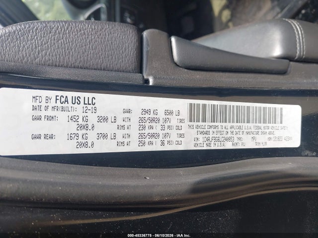 45336775 :رقم المزاد ، 1C4RJFBG6LC240853 vin ، 2020 Jeep Grand Cherokee Limited X 4x4 مزاد بيع