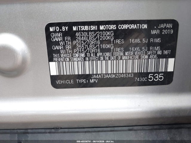 Aukcja sprzedaży 2019 Mitsubishi Eclipse Cross Es, vin: JA4AT3AA9KZ046343, numer aukcji: 45336791