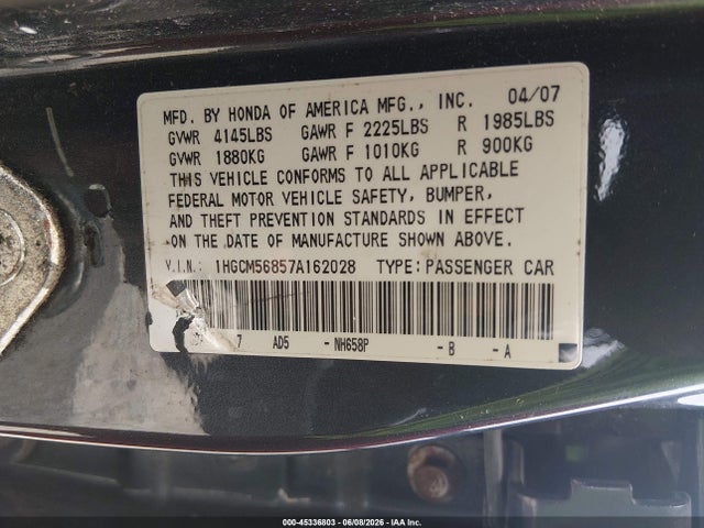 2007 Honda Accord 2.4 Ex მანქანა იყიდება აუქციონზე, vin: 1HGCM56857A162028, აუქციონის ნომერი: 45336803