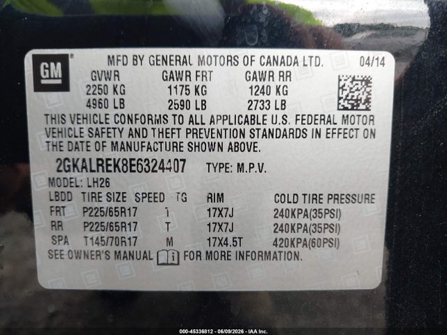 Продаж на аукціоні авто 2014 Gmc Terrain Sle-2, vin: 2GKALREK8E6324407, номер лоту: 45336812