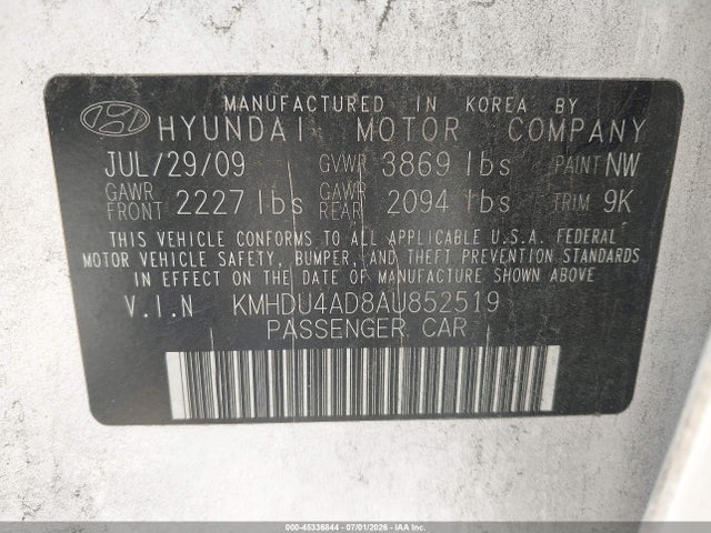 Aukcja sprzedaży 2010 Hyundai Elantra Gls, vin: KMHDU4AD8AU852519, numer aukcji: 45336844