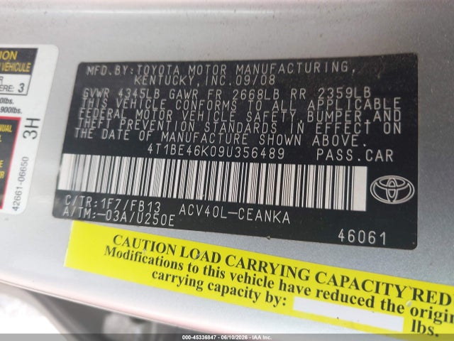 Aukcja sprzedaży 2009 Toyota Camry Le, vin: 4T1BE46K09U356489, numer aukcji: 45336847