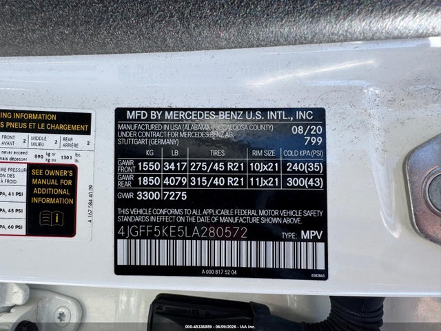45336859 :رقم المزاد ، 4JGFF5KE5LA280572 vin ، 2020 Mercedes-benz Gls 450 4matic مزاد بيع