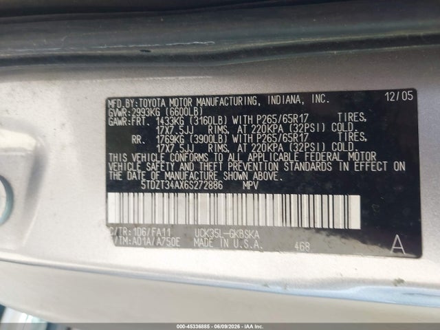 2006 Toyota Sequoia Sr5 V8 მანქანა იყიდება აუქციონზე, vin: 5TDZT34AX6S272886, აუქციონის ნომერი: 45336885