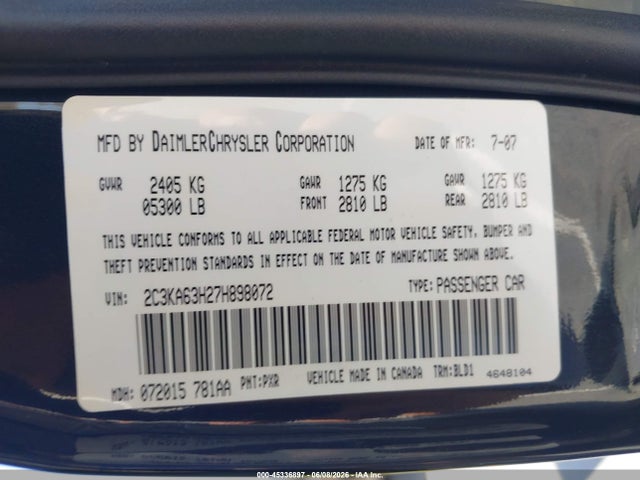 Aukcja sprzedaży 2007 Chrysler 300c, vin: 2C3KA63H27H898072, numer aukcji: 45336897