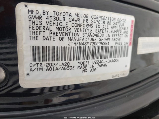 Aukcja sprzedaży 2002 Lexus Sc 430, vin: JTHFN48Y720025394, numer aukcji: 45336898