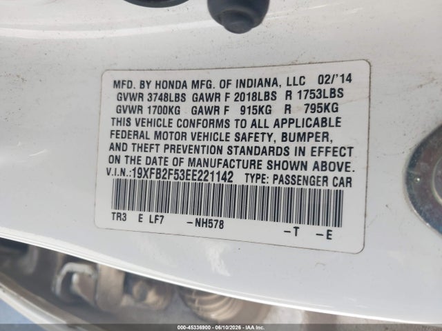 45336900 :رقم المزاد ، 19XFB2F53EE221142 vin ، 2014 Honda Civic Lx مزاد بيع