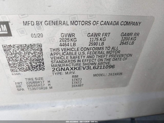 2GNAXKEV3L6211096 Chevrolet Equinox Fwd Lt 1.5l Turbo