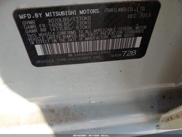 45336951 :رقم المزاد ، ML32A4HJ0EH015992 vin ، 2014 Mitsubishi Mirage Es مزاد بيع