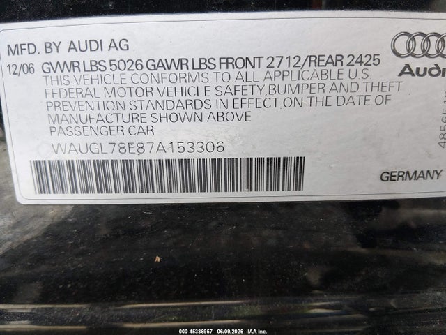 Aukcja sprzedaży 2007 Audi S4 4.2, vin: WAUGL78E87A153306, numer aukcji: 45336957