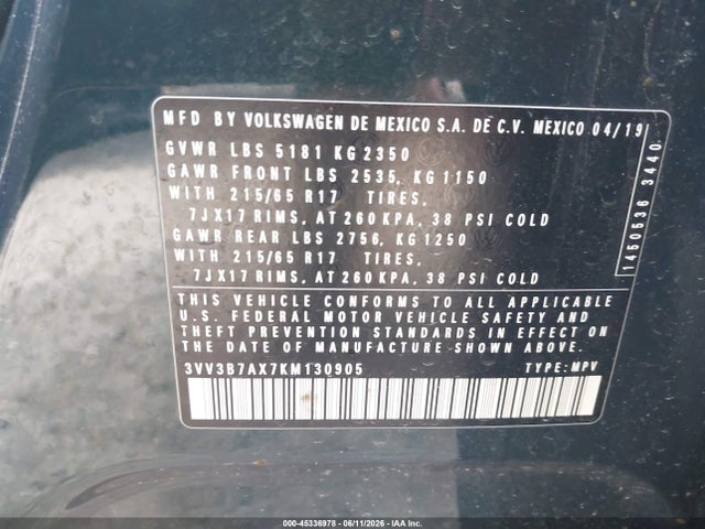 2019 Volkswagen Tiguan 2.0t Se/2.0t Sel/2.0t Sel R-line/2.0t Sel R-line Black მანქანა იყიდება აუქციონზე, vin: 3VV3B7AX7KM130905, აუქციონის ნომერი: 45336978