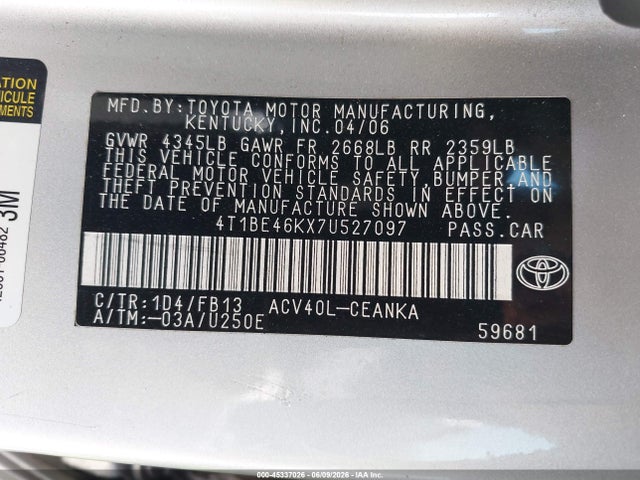 Продаж на аукціоні авто 2007 Toyota Camry Le, vin: 4T1BE46KX7U527097, номер лоту: 45337026