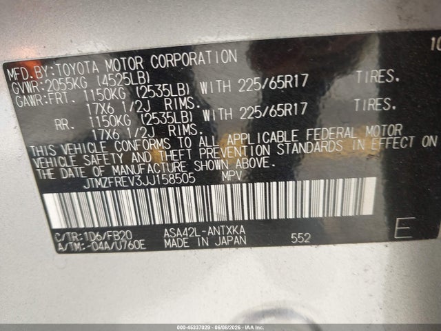 45337029 :رقم المزاد ، JTMZFREV3JJ158505 vin ، 2018 Toyota Rav4 Le مزاد بيع