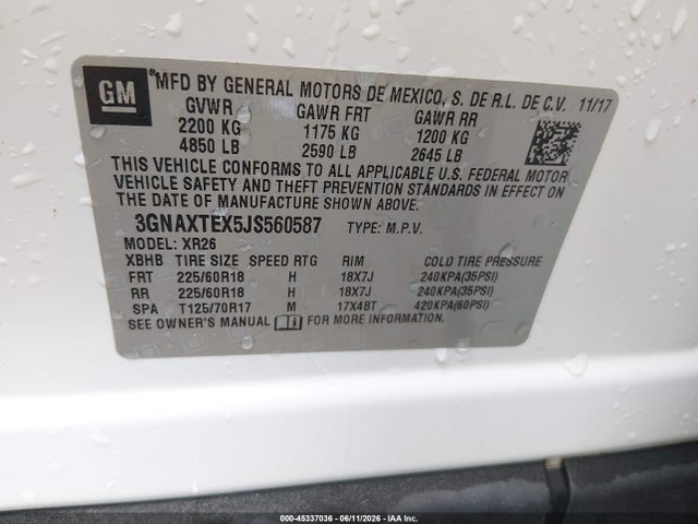 2018 Chevrolet Equinox Lt მანქანა იყიდება აუქციონზე, vin: 3GNAXTEX5JS560587, აუქციონის ნომერი: 45337036