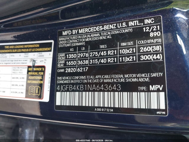 Продаж на аукціоні авто 2022 Mercedes-benz Gle 350 4matic, vin: 4JGFB4KB1NA643643, номер лоту: 45337040