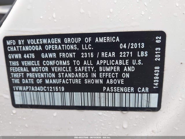Продаж на аукціоні авто 2013 Volkswagen Passat 2.5l S, vin: 1VWAP7A34DC121519, номер лоту: 45337046