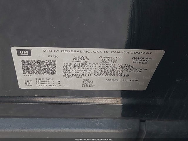 Продажа на аукционе авто 2020 Chevrolet Equinox Ls, vin: 2gnaxhev2l6262818, номер лота: 45337048