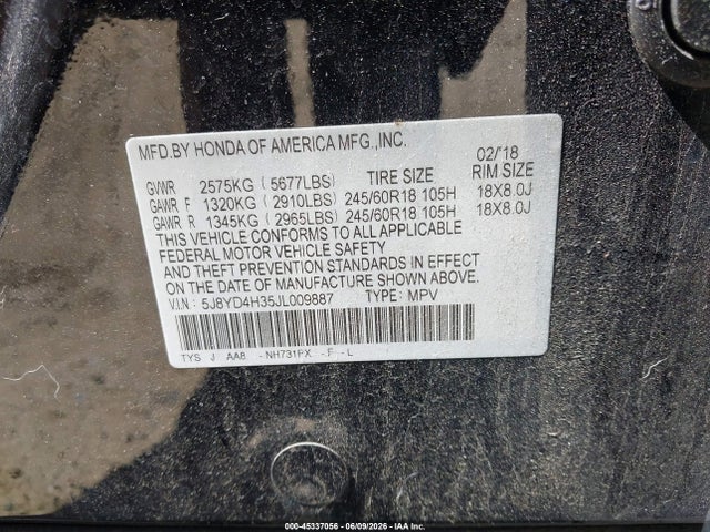 2018 Acura Mdx მანქანა იყიდება აუქციონზე, vin: 5J8YD4H35JL009887, აუქციონის ნომერი: 45337056