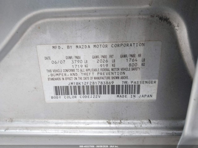 45337058 :رقم المزاد ، JM1BK12F281783869 vin ، 2008 Mazda Mazda3 I Sport مزاد بيع