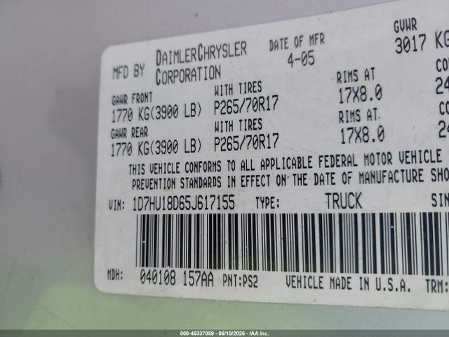 2005 Dodge Ram 1500 St მანქანა იყიდება აუქციონზე, vin: 1D7HU18D65J617155, აუქციონის ნომერი: 45337059