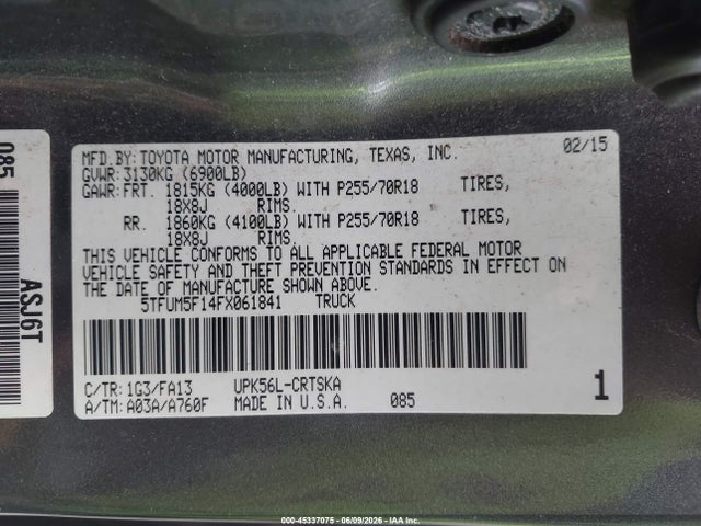 2015 Toyota Tundra Sr 4.6l V8 მანქანა იყიდება აუქციონზე, vin: 5TFUM5F14FX061841, აუქციონის ნომერი: 45337075