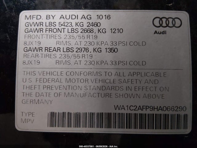 Aukcja sprzedaży 2017 Audi Q5 2.0t Premium, vin: WA1C2AFP9HA066290, numer aukcji: 45337081