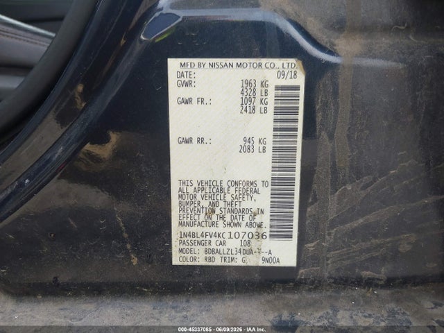Продаж на аукціоні авто 2019 Nissan Altima 2.5 Platinum, vin: 1N4BL4FV4KC107036, номер лоту: 45337085