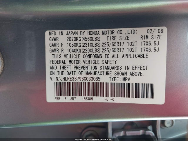 Aukcja sprzedaży 2008 Honda Cr-v Ex-l, vin: JHLRE38798C033085, numer aukcji: 45337088