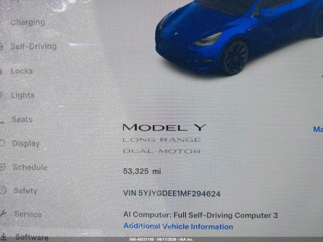 Продаж на аукціоні авто 2021 Tesla Model Y Long Range Dual Motor All-wheel Drive, vin: 5YJYGDEE1MF294624, номер лоту: 45337100