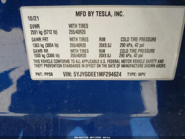 Aukcja sprzedaży 2021 Tesla Model Y Long Range Dual Motor All-wheel Drive, vin: 5YJYGDEE1MF294624, numer aukcji: 45337100