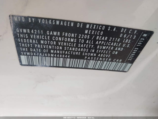Aukcja sprzedaży 2013 Volkswagen Jetta 2.5l Se, vin: 3VWDX7AJ6DM448644, numer aukcji: 45337113