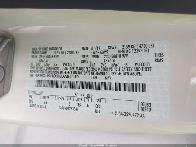 Aukcja sprzedaży 2019 Ford Escape Sel, vin: 1FMCU9HD3KUA94119, numer aukcji: 45337119
