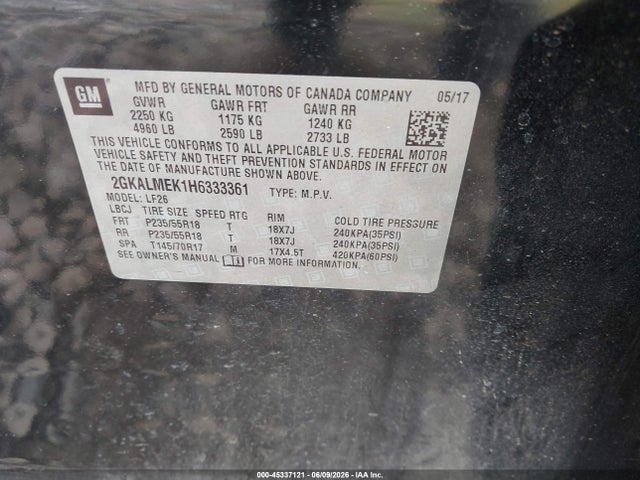 45337121 :رقم المزاد ، 2GKALMEK1H6333361 vin ، 2017 Gmc Terrain Sle-1 مزاد بيع