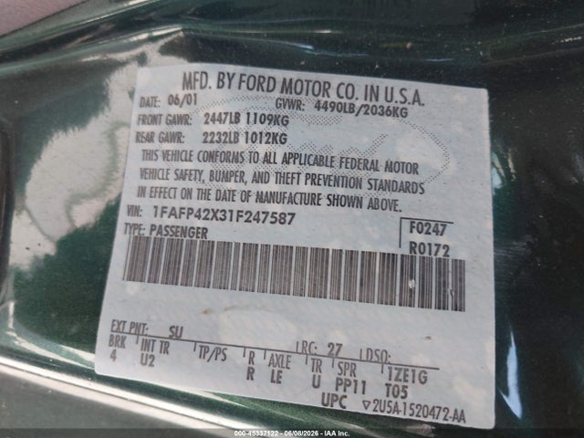 Продажа на аукционе авто 2001 Ford Mustang Gt, vin: 1FAFP42X31F247587, номер лота: 45337122