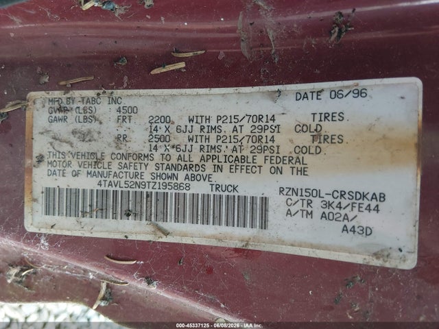 Aukcja sprzedaży 1996 Toyota Tacoma Xtracab, vin: 4TAVL52N9TZ195868, numer aukcji: 45337125