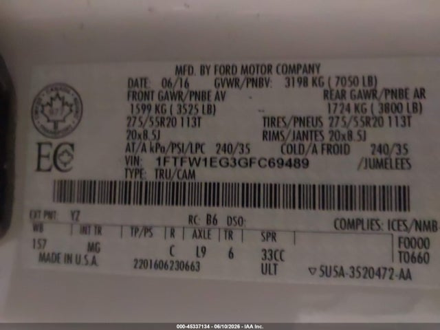 Aukcja sprzedaży 2016 Ford F-150 Xlt, vin: 1FTFW1EG3GFC69489, numer aukcji: 45337134