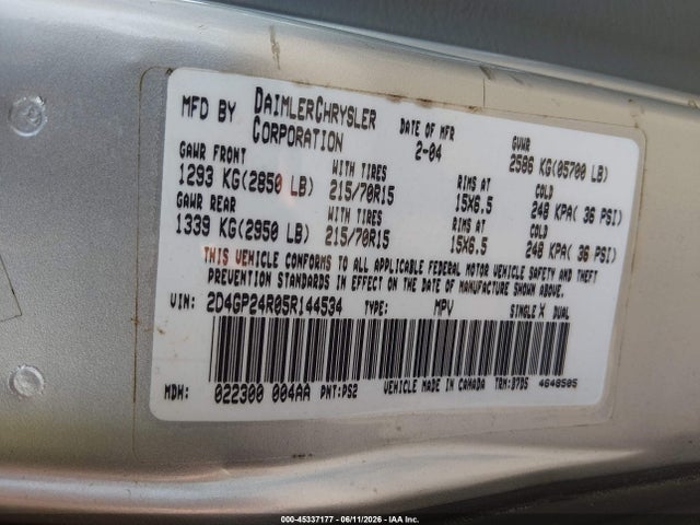 Продаж на аукціоні авто 2005 Dodge Grand Caravan Se, vin: 2D4GP24R05R144534, номер лоту: 45337177