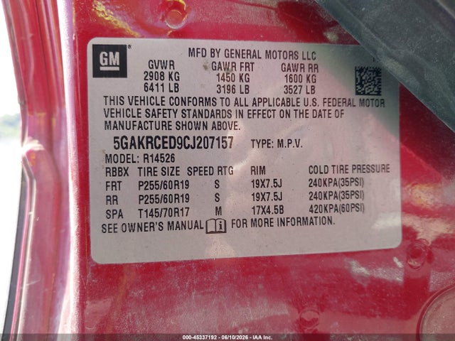 Aukcja sprzedaży 2012 Buick Enclave Leather, vin: 5GAKRCED9CJ207157, numer aukcji: 45337192