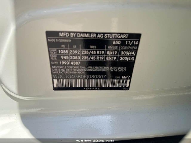 Продаж на аукціоні авто 2015 Mercedes-benz Gla 250 4matic, vin: WDCTG4GB0FJ080307, номер лоту: 45337195
