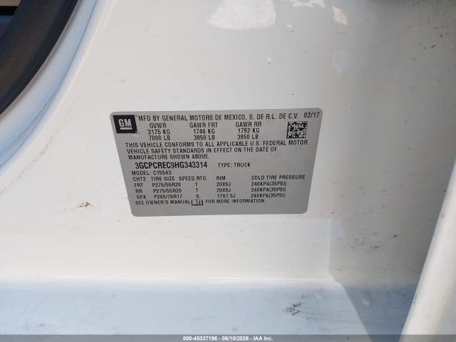 3GCPCREC9HG343314 Chevrolet Silverado 1500 Lt