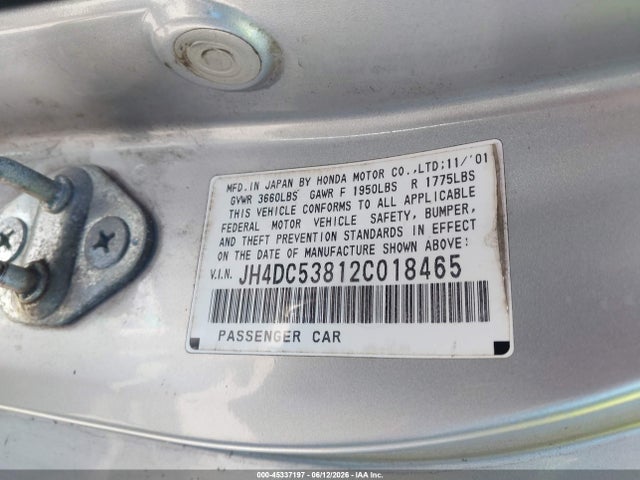 45337197 :رقم المزاد ، JH4DC53812C018465 vin ، 2002 Acura Rsx مزاد بيع