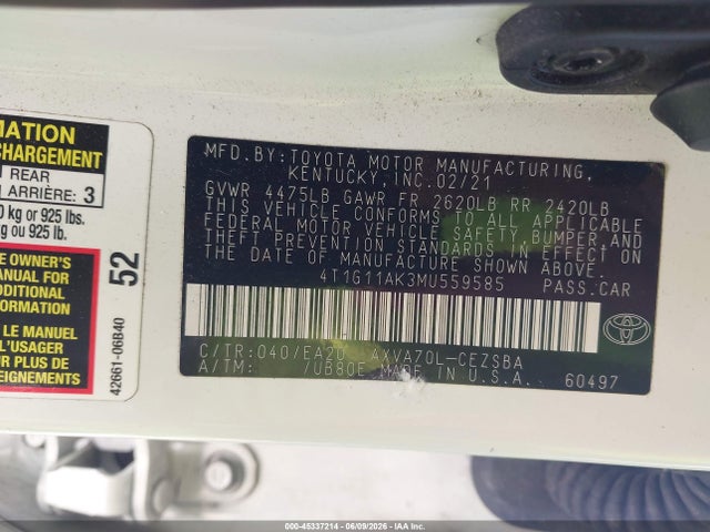 Toyota CAMRY SE 2021 4T1G11AK3MU559585 Image 9