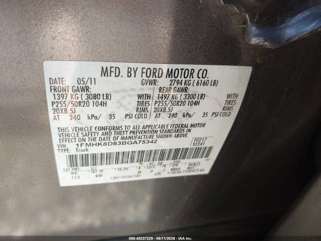 Aukcja sprzedaży 2011 Ford Explorer Xlt, vin: 1FMHK8D83BGA75342, numer aukcji: 45337229