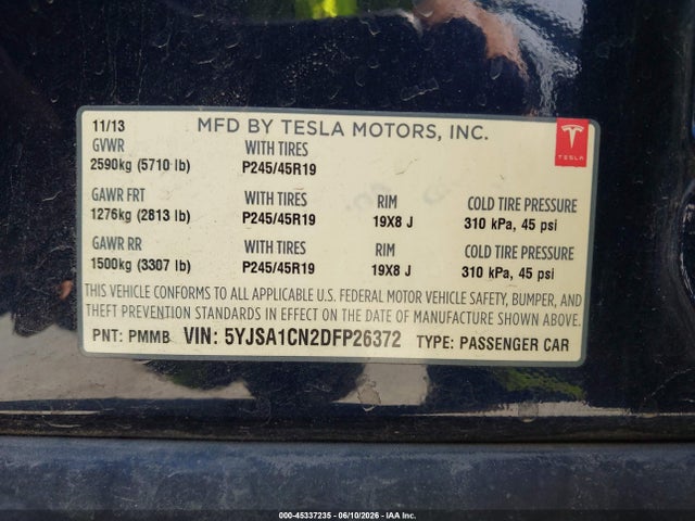 45337235 :رقم المزاد ، 5YJSA1CN2DFP26372 vin ، 2013 Tesla Model S مزاد بيع