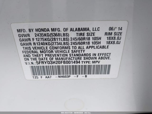 5FRYD3H20FB001494 Acura MDX